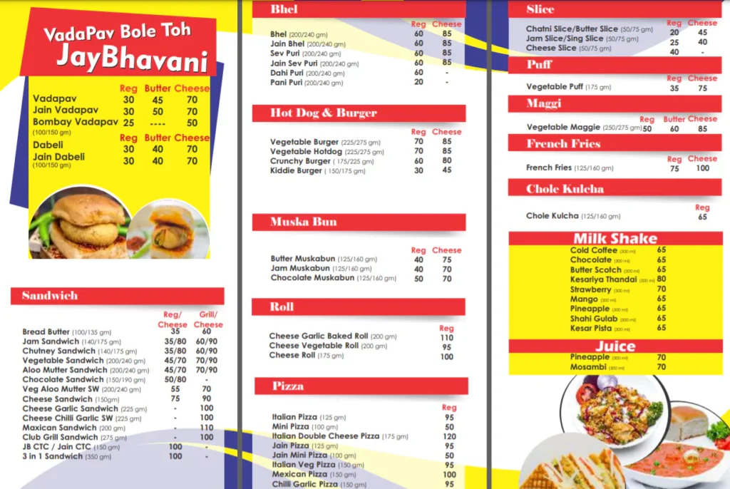 Jai Bhavani Vadapav Menu